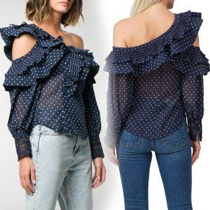 Self-Portrait Navy White Swiss Dot Plumetis Frilled One Shoulder Blouse Top 0 XS
